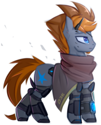 Size: 1476x1827 | Tagged: safe, artist:justafallingstar, oc, oc:starfall spark, earth pony, pony, fallout equestria, fallout equestria: lost empire, boots, clothes, colored sketch, eyepatch, fanfic art, metal gear, pipbuck, scar, scarf, shoes, simple background, sketch, transparent background, venom snake