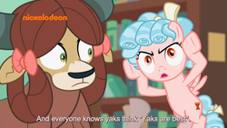 Size: 1920x1080 | Tagged: safe, screencap, cozy glow, yona, pegasus, pony, yak, g4, what lies beneath, belly, duo, female, filly, foal, larger female, nickelodeon, ringlets, size difference, smaller female, subtitles, this will end in pain