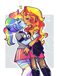 Size: 768x1024 | Tagged: safe, artist:jackytheripperart, rainbow dash, sunset shimmer, equestria girls, g4, clothes, eyes closed, female, lesbian, pantyhose, shipping, shirt, skirt, smiling, socks, sunsetdash, thigh highs