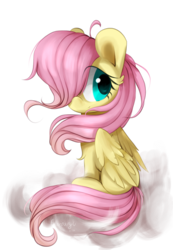 Size: 1940x2800 | Tagged: safe, artist:fluorbaryt, fluttershy, pegasus, pony, g4, chest fluff, cloud, cute, female, hair over one eye, looking away, looking sideways, mare, on a cloud, shyabetes, simple background, sitting, smiling, solo, transparent background, turned head, wings