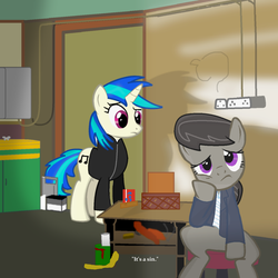 Size: 1400x1400 | Tagged: safe, artist:grapefruitface1, dj pon-3, octavia melody, vinyl scratch, earth pony, unicorn, g4, bored, clothes, duo, duo female, female, head on hoof, horn, it's a sin, pet shop boys, ponified single cover, room, show accurate, single cover, sitting