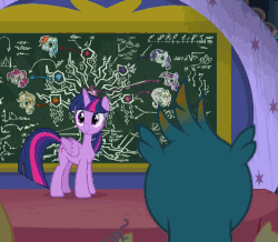 Size: 1237x1080 | Tagged: safe, screencap, auburn vision, berry blend, berry bliss, bifröst, citrine spark, cozy glow, gallus, huckleberry, november rain, ocellus, sandbar, silverstream, smolder, twilight sparkle, alicorn, classical hippogriff, griffon, hippogriff, pony, g4, what lies beneath, animated, female, friendship student, mare, one of these things is not like the others, twilight sparkle (alicorn), written equestrian