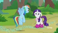 Size: 1920x1080 | Tagged: safe, screencap, rainbow dash, rarity, pegasus, pony, unicorn, g4, the end in friend, azurantium, boots, duo, female, floppy ears, glitter boots, mare, neckerchief, shoes, sparkles