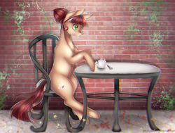 Size: 1431x1080 | Tagged: safe, artist:xkittyblue, oc, oc only, oc:maple tea, earth pony, pony, chair, chromatic aberration, commission, cup, digital art, female, food, hair bun, mare, red hair, red mane, red tail, sitting, solo, table, tea, teacup