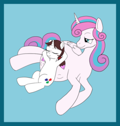 Size: 762x803 | Tagged: safe, artist:catross, derpibooru exclusive, princess flurry heart, oc, oc:malinae, alicorn, pony, unicorn, g4, adult, belly pillow, birth mark, duo, duo female, female, freckles, kicking, lying down, mama flurry, multiple pregnancy, offspring, older, older flurry heart, parent:applejack, parent:oc:niku, parents:canon x oc, pregnant, sleeping, smiling, teenager