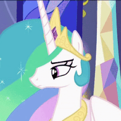 Size: 320x320 | Tagged: safe, screencap, princess celestia, alicorn, pony, g4, no second prances, animated, beautiful, bored, celestia is not amused, cropped, crown, cute, cutelestia, ethereal mane, female, flowing mane, frown, gif, jewelry, looking at you, mare, multicolored mane, narrowed eyes, regalia, solo, stained glass, twilight's castle, unamused, waiting