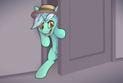 Size: 1280x865 | Tagged: safe, artist:senaelik, lyra heartstrings, pony, unicorn, g4, door, female, hat, jerry and the lion, mare, meme, parody, ponified meme, reaction image, reference, sneaky tom, solo, tom and jerry
