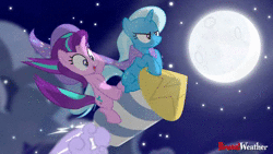 Size: 640x360 | Tagged: safe, artist:brutalweather studio, edit, starlight glimmer, trixie, pony, unicorn, g4, animated, avengers: infinity war, cloud, cute, duo, female, flying, full moon, glare, glimmerbetes, guardians of harmony, i can't believe it's not hasbro studios, leaning, mare, moon, music, night, open mouth, rocket, show accurate, sitting, sky, smiling, smirk, sound, stars, toy, toy interpretation, trixie's rocket, webm, wide eyes