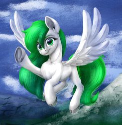 Size: 1024x1047 | Tagged: safe, artist:thatonegib, oc, oc only, oc:peri, pegasus, pony, chest fluff, cloud, commission, female, flying, gift art, green hair, hooves, long mane, long tail, looking at you, mare, mountain, smiling, snow, solo, spread wings, wings