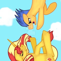 Size: 1024x1024 | Tagged: safe, artist:bea-drowned, flash sentry, sunset shimmer, pony, unicorn, g4, female, male, saving a life, ship:flashimmer, shipping, straight