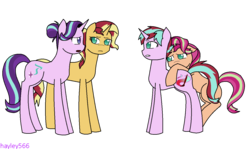 Size: 1280x761 | Tagged: safe, artist:hayley566, starlight glimmer, sunset shimmer, oc, oc:daydream flare, oc:daylight gleam, pony, unicorn, g4, alternate hairstyle, description is relevant, family, female, hiding, hug, lesbian, magical lesbian spawn, mare, mother and daughter, nervous, offspring, open mouth, parent:starlight glimmer, parent:sunset shimmer, parents:shimmerglimmer, ship:shimmerglimmer, shipping, shy, simple background, transparent background
