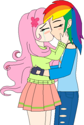 Size: 366x545 | Tagged: safe, artist:wolf, fluttershy, rainbow dash, human, g4, blushing, clothes, crying, cute, duo, female, fingerless gloves, first kiss, gloves, humanized, kiss on the lips, kissing, lesbian, love, ripped pants, ship:flutterdash, shipping, skirt, sweater, sweatershy, tears of joy