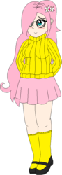 Size: 334x933 | Tagged: safe, artist:wolf, fluttershy, human, g4, blushing, chubby, clothes, glasses, hairpin, humanized, mary janes, pleated skirt, shoes, skirt, socks, sweater, sweatershy, thighs