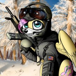 Size: 1161x1163 | Tagged: dead source, safe, artist:supermare, fluttershy, pony, g4, badass, call of duty, call of duty: modern warfare 2, clothes, crossover, female, flutterbadass, gun, headset, mask, solo, sunglasses, united states, weapon