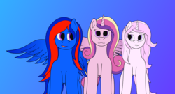 Size: 6631x3580 | Tagged: safe, artist:northern-frost, fleur-de-lis, princess cadance, oc, oc:glory solaris, alicorn, pegasus, pony, unicorn, g4, female, gradient background, looking at each other, spread wings, standing, wings