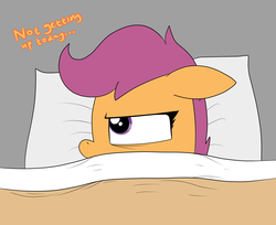 Size: 1459x1189 | Tagged: dead source, safe, artist:moonatik, scootaloo, pegasus, pony, g4, 30 minute art challenge, bed, blanket, dialogue, female, filly, floppy ears, grumpy, pillow, solo, talking, tired