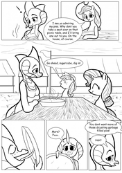 Size: 902x1280 | Tagged: safe, artist:ahobobo, applejack, princess ember, rarity, dragon, comic:expanding relations, g4, apple, apple pie, dragoness, fanfic art, female, food, grayscale, implied strawberry sunrise, licking, monochrome, offscreen character, pie, pie tin, this will end in weight gain, tongue out, wingless