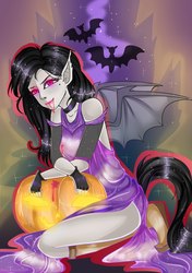 Size: 1200x1700 | Tagged: safe, artist:my-little_kotic, oc, oc:charming flitr, bat pony, human, bat pony oc, halloween, holiday, humanized, jack-o-lantern, pumpkin