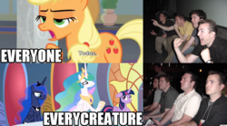 Size: 1298x720 | Tagged: safe, screencap, applejack, princess celestia, princess luna, twilight sparkle, alicorn, pony, g4, my little pony: friendship is magic, school daze, caption, everycreature, exploitable meme, image macro, meme, reaction guys, spanish, twilight sparkle (alicorn)