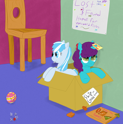 Size: 1111x1119 | Tagged: safe, artist:auntiefrost, oc, oc only, oc:snow frost, oc:vitriol ink, earth pony, pony, unicorn, ball, bill, bow, box, candy, chair, female, filly, food, lollipop, orphan, shape matching, shapes