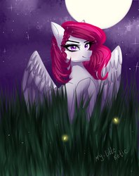 Size: 1584x2000 | Tagged: safe, artist:my-little_kotic, oc, oc only, firefly (insect), pegasus, pony, braid, digital art, ear fluff, female, full moon, grass, hooves together, looking at you, mare, moon, night, night sky, signature, sky, solo, starry night