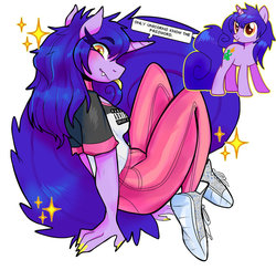 Size: 800x781 | Tagged: safe, artist:rayadra, oc, oc only, oc:amethyst sniper, unicorn, anthro, anthro oc, clothes, converse, cute, cute little fangs, fangs, female, jeans, mare, nail polish, pants, purple hair, purple mane, purple tail, shirt, shoes, simple background, smiling, solo, sparkles, white background