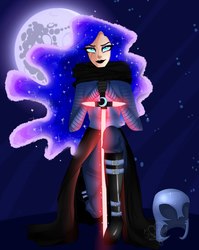 Size: 1590x2000 | Tagged: safe, artist:my-little_kotic, princess luna, human, g4, crossguard lightsaber, ethereal hair, female, helmet, humanized, kylo ren, lightsaber, solo, star wars, star wars: the force awakens, starry hair, weapon, woman