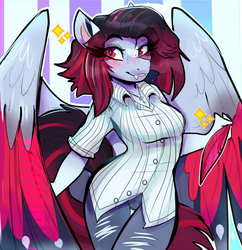Size: 1024x1056 | Tagged: safe, artist:rayadra, oc, oc only, bat pony, anthro, abstract background, anthro oc, art trade, bat pony oc, blushing, clothes, colored wings, cute, cute little fangs, digital art, fangs, female, freckles, gradient hair, gradient mane, jeans, looking at you, mare, multicolored wings, pants, red eyes, ripped jeans, smiling, solo