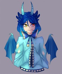 Size: 1816x2160 | Tagged: safe, artist:my-little_kotic, princess ember, dragon, human, g4, bowtie, clothes, gray background, horn, horned humanization, horns, humanized, simple background, slit pupils, winged humanization, wings