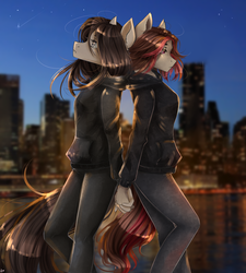 Size: 2700x3000 | Tagged: safe, artist:alicesmitt31, oc, oc only, anthro, anthro oc, city, clothes, digital art, duo, female, high res, holding hands, jeans, lesbian, mare, oc x oc, pants, shipping, shirt, signature, ych result
