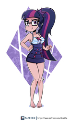Size: 2982x5187 | Tagged: safe, artist:ohiekhe, sci-twi, twilight sparkle, equestria girls, equestria girls series, forgotten friendship, g4, barefoot, clothes, feet, female, glasses, high res, human coloration, looking at you, one-piece swimsuit, ponytail, simple background, sleeveless, smiling, smiling at you, solo, swimsuit, two toned hair, white background
