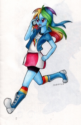 Size: 800x1242 | Tagged: safe, artist:andpie, rainbow dash, equestria girls, g4, boots, clothes, compression shorts, cute, female, open mouth, phone, rainbow socks, running, shoes, shorts, simple background, skirt, smartphone, socks, solo, striped socks, traditional art, white background