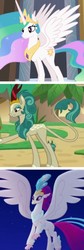 Size: 536x1595 | Tagged: safe, edit, edited screencap, screencap, princess celestia, queen novo, rain shine, alicorn, classical hippogriff, hippogriff, kirin, pony, g4, my little pony: the movie, sounds of silence, coincidence i think not, comparison, conspiracy, cropped, ethereal mane, female, mare, the council of tall rulers