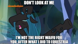 Size: 888x499 | Tagged: safe, edit, edited screencap, screencap, ocellus, queen chrysalis, changeling, changeling queen, g4, my little pony: friendship is magic, what lies beneath, caption, disguise, disguised changeling, eyes closed, female, implied chrysalis, mare, nickelodeon, out of context, waifu