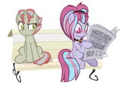 Size: 950x698 | Tagged: safe, artist:ipandacakes, oc, oc only, oc:roxy, oc:serenata gleam, earth pony, pony, unicorn, base used, bench, female, magical lesbian spawn, mare, newspaper, offspring, parent:aria blaze, parent:flam, parent:limestone pie, parent:sonata dusk, parents:arisona, simple background, transparent background