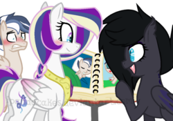 Size: 904x634 | Tagged: safe, artist:ipandacakes, oc, oc only, oc:euphony, oc:ice lance, oc:mystic shadow, bat pony, pony, base used, female, male, mare, offspring, parent:fleur-de-lis, parent:princess cadance, parent:shining armor, parent:spearhead, parents:shiningcadance, photo album, simple background, stallion, transparent background