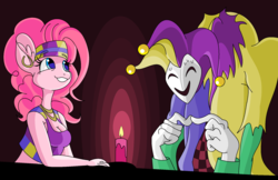 Size: 1988x1292 | Tagged: source needed, safe, artist:smirk, pinkie pie, oc, anthro, g4, candle, clothes, duo, ear piercing, earring, gypsy pie, jester, jewelry, ms paint, necklace, nervous, piercing, sweat, sweatdrop