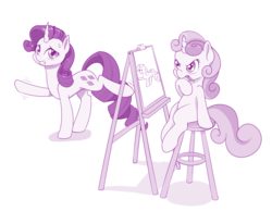 Size: 1000x777 | Tagged: safe, artist:dstears, rarity, sweetie belle, pony, unicorn, g4, drawing, female, filly, mare, newbie artist training grounds, pencil, pose, sweat, sweatdrop, thinking