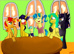 Size: 796x581 | Tagged: safe, artist:vennyriz22, allie way, comet tail, strike, sunset shimmer, oc, oc:comet fire, oc:professor polaris, earth pony, pegasus, pony, unicorn, g4, brother and sister, brothers, embarrassed, family, female, holiday, male, oc x oc, ship:cometshimmer, shipping, straight, thanksgiving, traditional art