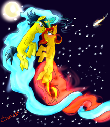 Size: 2305x2650 | Tagged: safe, artist:vennyriz22, comet tail, sunset shimmer, g4, couple, female, glowing horn, high res, horn, levitation, magic, male, night, night sky, romantic, self-levitation, ship:cometshimmer, shipping, sky, straight, telekinesis