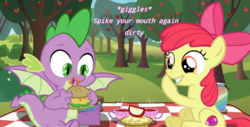 Size: 1241x632 | Tagged: safe, artist:brony-art, apple bloom, spike, dragon, g4, engrish, female, food, male, picnic, ship:spikebloom, shipping, show accurate, straight, winged spike, wings