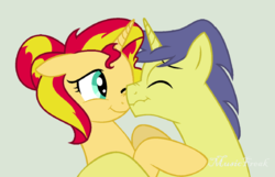 Size: 1024x661 | Tagged: safe, artist:musicfreak25, comet tail, sunset shimmer, pony, unicorn, equestria girls, g4, alternate hairstyle, boop, couple, female, hug, male, nose wrinkle, noseboop, ship:cometshimmer, shipping, straight