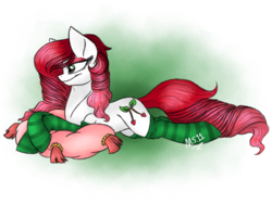 Size: 2048x1536 | Tagged: safe, artist:melonseed11, oc, oc only, oc:charming cherry, earth pony, pony, clothes, female, mare, prone, simple background, socks, solo, striped socks, transparent background