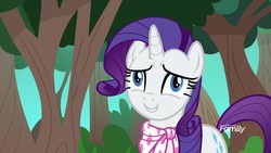 Size: 1920x1080 | Tagged: safe, screencap, rarity, pony, unicorn, g4, the end in friend, ascot, cutie mark, derp, discovery family logo, female, forest background, mare, solo