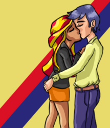 Size: 499x580 | Tagged: safe, artist:mcwhale4, comet tail, sunset shimmer, human, equestria girls, g4, abstract background, equestria girls-ified, female, kissing, male, ship:cometshimmer, shipping, straight