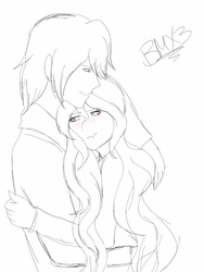 Size: 768x1024 | Tagged: safe, artist:brickercupmasterx3, comet tail, sunset shimmer, human, g4, black and white, blushing, embrace, female, grayscale, hug, humanized, male, monochrome, romantic, ship:cometshimmer, shipping, straight