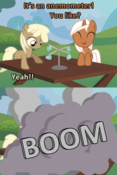 Size: 1280x1920 | Tagged: safe, artist:sintakhra, mjölna, silver spanner, pony, unicorn, ask sandy pony, g4, anemometer, explosion, female, filly, younger