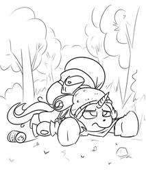 Size: 1280x1502 | Tagged: safe, artist:elbenjaftw, starlight glimmer, pony, unicorn, g4, the mean 6, 30 minute art challenge, backpack, camping outfit, clothes, forest, lamp, lying down, monochrome, prone, solo, sploot