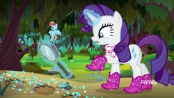 Size: 1920x1080 | Tagged: safe, screencap, rainbow dash, rarity, pegasus, pony, unicorn, g4, the end in friend, azurantium, boots, female, glitter boots, glowing horn, horn, magic, magnifying glass, mare, paw prints, shoes, telekinesis, tree
