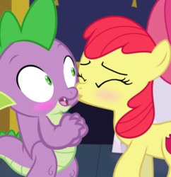 Size: 1674x1732 | Tagged: artist needed, source needed, safe, apple bloom, spike, dragon, g4, blushing, cheek kiss, female, filly, foal, kissing, male, ship:spikebloom, shipping, straight, winged spike, wings